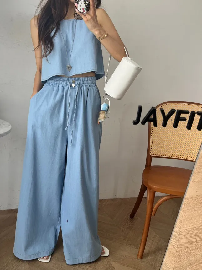 

Casual High Waist Wide Leg Pants Women's Summer Two-Piece Set Simple Color Short Vest Fashionable Ensemble