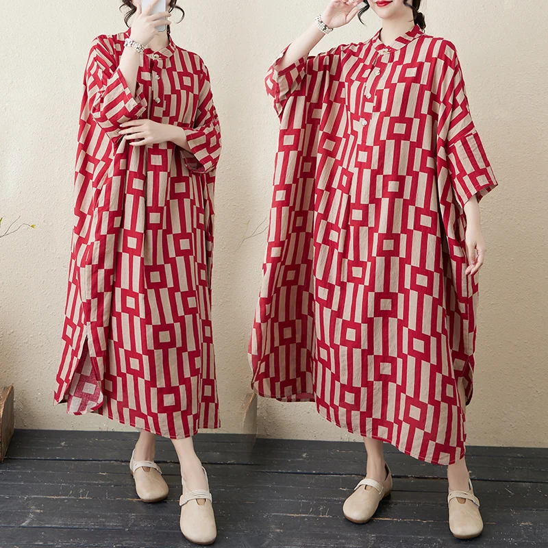 

Весенний новый хлопковый льняной воротник-стойка в стиле ретро, свободный оверсайз, праздничный костюм для поездок на работу, Seven Sve, длинное летнее платье