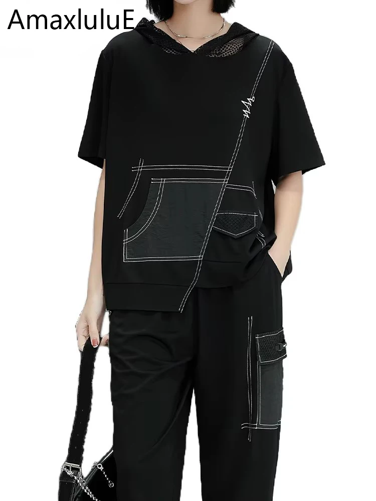 

Amax luluE Summer Mesh Fashion Suits Womens 2 Pieces Sets Punk Outfits Ladies Luxury Loose Tops Tees Casual Elastic Harem Pants
