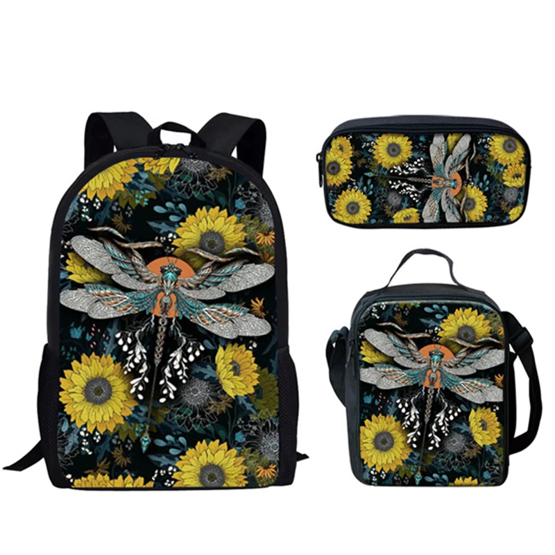 Hewan Sunflowers 3 buah/Set ransel cetak 3D sekolah siswa laki-laki perempuan tas penyimpanan buku Laptop Daypack tas makan siang tas pensil