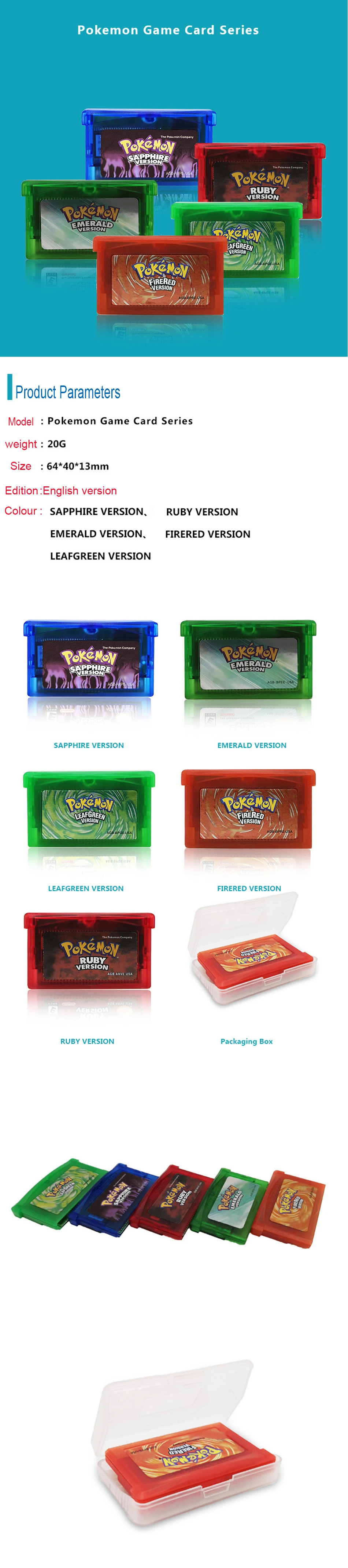 Pokémon-Spielkarte GBA-Serie 32-Bit-Videospielkassette Konsolenkarte Emerald FireRed LeafGreen Ruby Sapphire Mehrsprachig – Detail 1