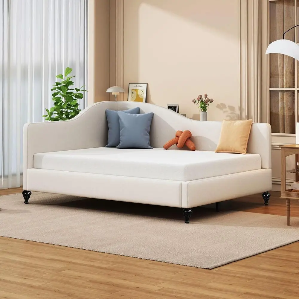 ull Size Bed e Daybed, L-Shaped Linen Soa with Solid Wood Legs or Living Room & Gt Room, No Box Spring Needed, Beige
