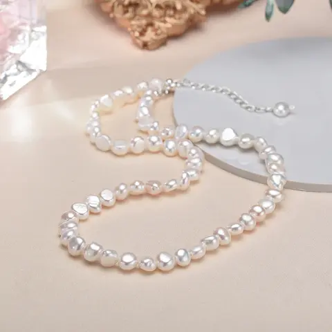 5-6mm 천연 바로크 담수 진주 목걸이 선물용 패션 주얼리, 여성용 925 스털링 실버 초커 목걸이