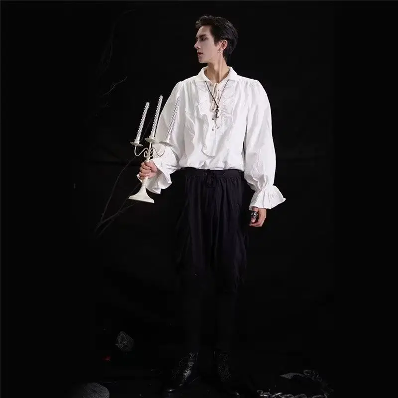 Halloween Costumes Men Medieval Court Style Long Sleeve Shirt Drawstring Fashion Casual Elegant Vampire Cosplay Tops Black White