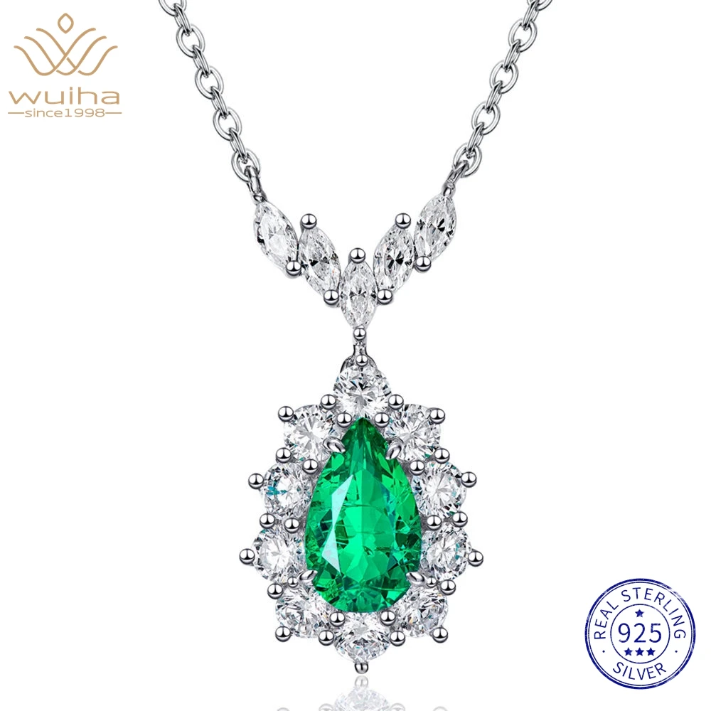 WUIHA Vintage 925 Sterling Silver Sparkling Pear Cut 6*10 MM Emerald High Carbon Diamond Gemstone Pendant Necklaces Fine Jewelry