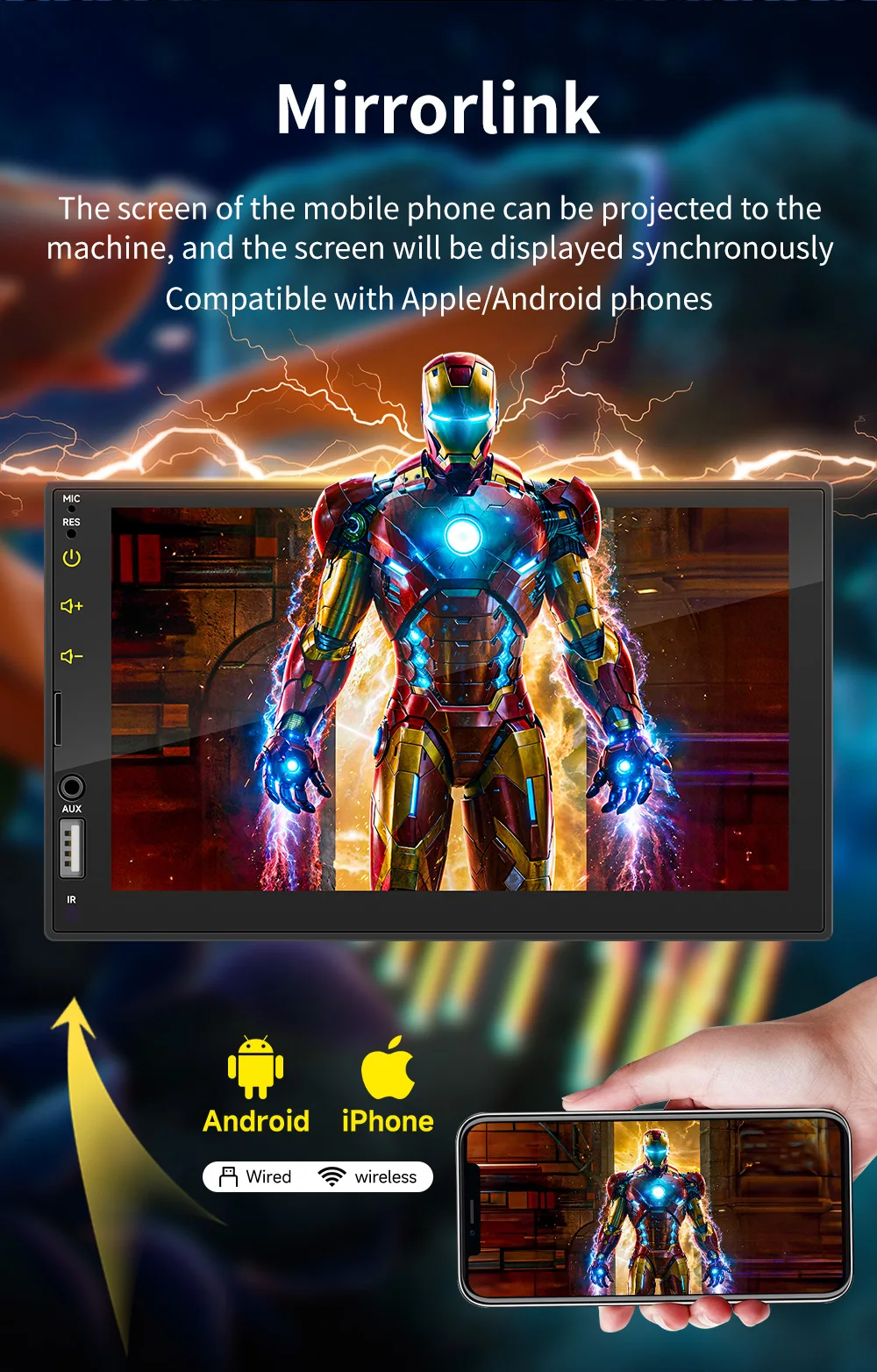 BQCC FX2W 7 Inch 2DIN Car Stereo MP5 CarPlay Android Auto Bluetooth AUX USB TF Card 7 Color Light Wiring Safety Protection