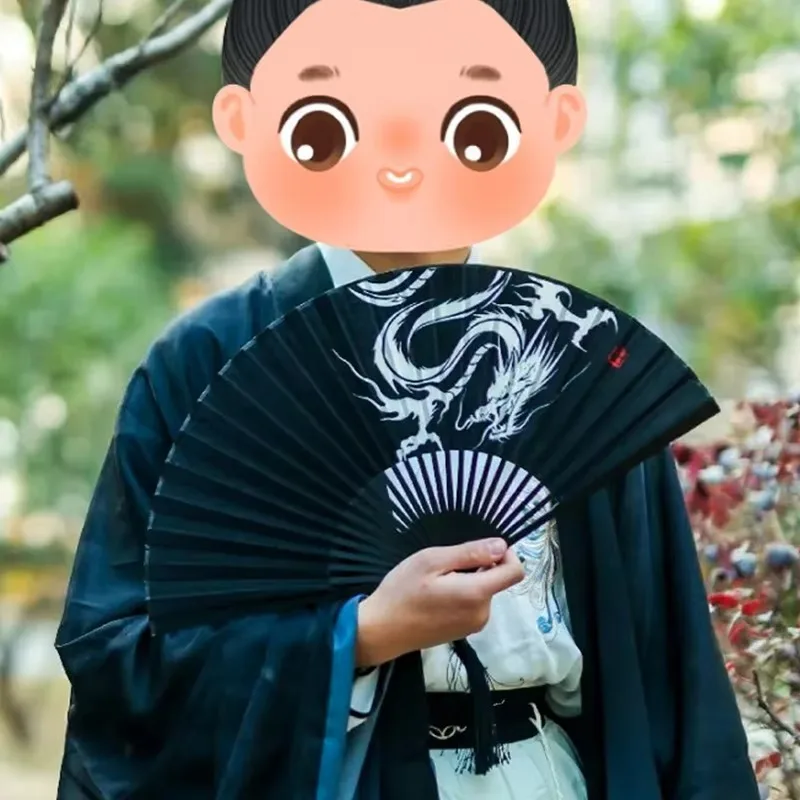 Abanico plegable antiguo, abanico de dragón negro, abanico plegable Hanfu de verano de estilo chino