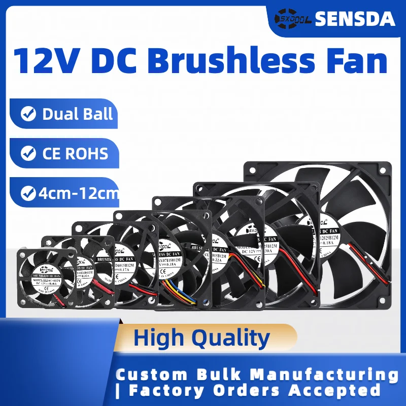 12V DC Cooling Fan 4/5/6/7/8/9/12cm 80mm 120mm Dual Ball Bearing, Industrial Case Fan for Server PC Cabinet Electronic Cooling