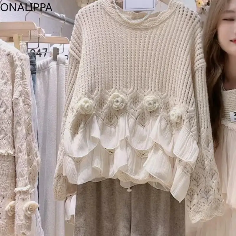 Onalippa Mesh Ruffles Patchwork Sweater Women Hollow Out Solid Three Dimensional Flowers Knitted Pullover Korean Vintage Tops