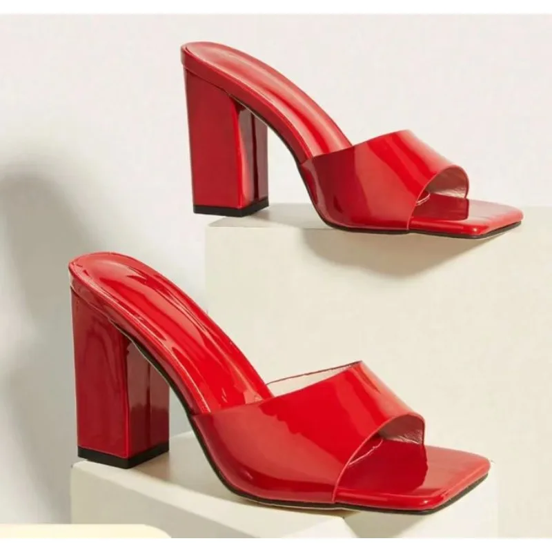 

New Style Fashion Red High Heels Sandals for Women Summer Thick Heeled Square Toe Slippers Woman Transparent Party Dress Sandals