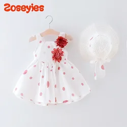 New Summer Girls Dress Floral Embellished Birthday Party Team Dress Polka Dot Full Print + Hat Bow Sweet Princess Dress