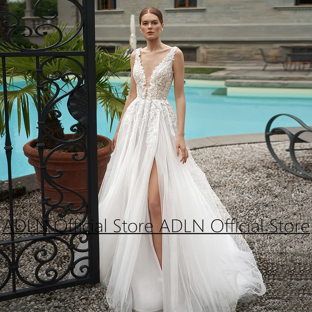 Boho Wedding Dresses Bridal Gown Customized Deep V Neck Sleeveless Beading Applique Tulle A Line Beach Bride  Vestido Novia