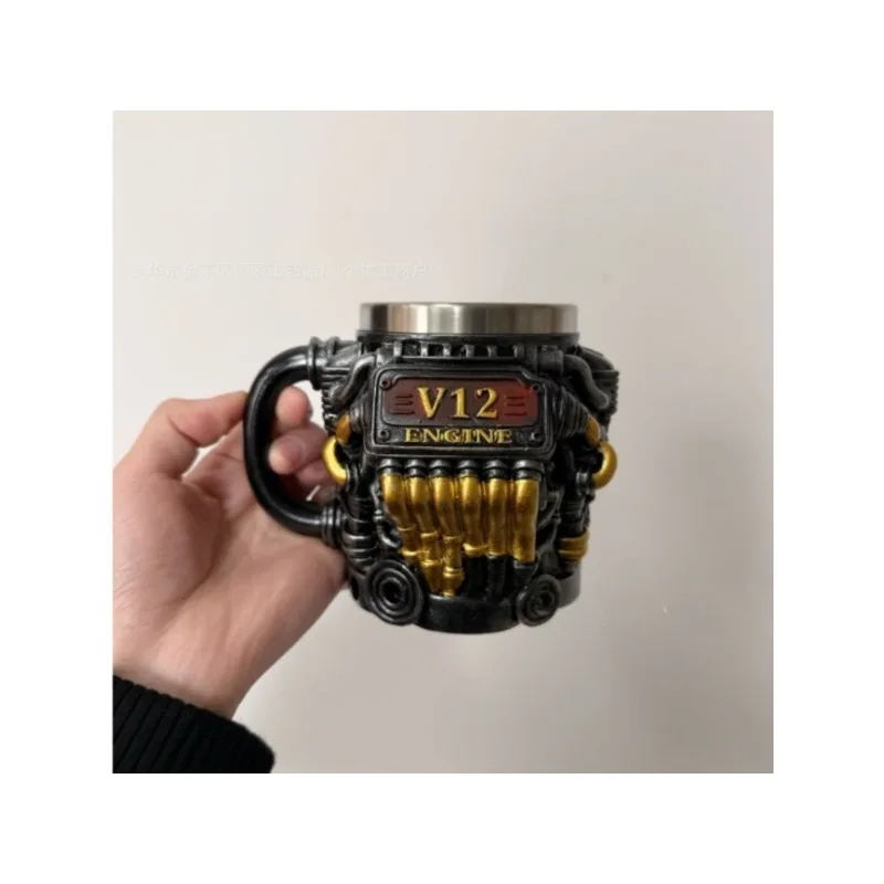 

New Engine Design Resin Mug with Inner Liner Minimalist Personality Mechanical V12 Motor Cup Automotive Gift for Party