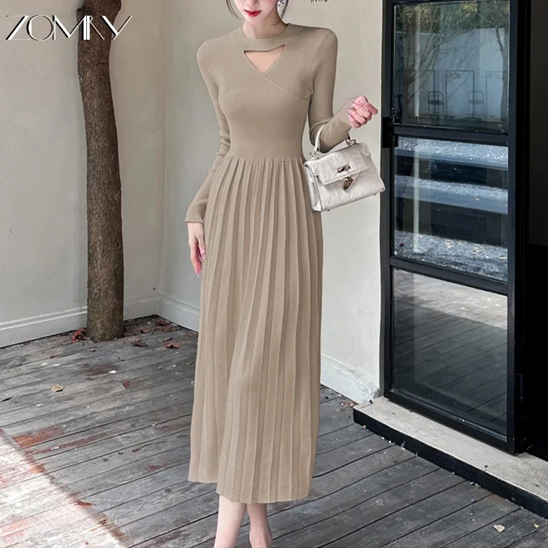 ZOMRY Korean Retro Y2K Slim Knitted Long Dress Autumn New Fashion Women\'s Elegant Versatile Solid Color Casual Pleated Vestidos