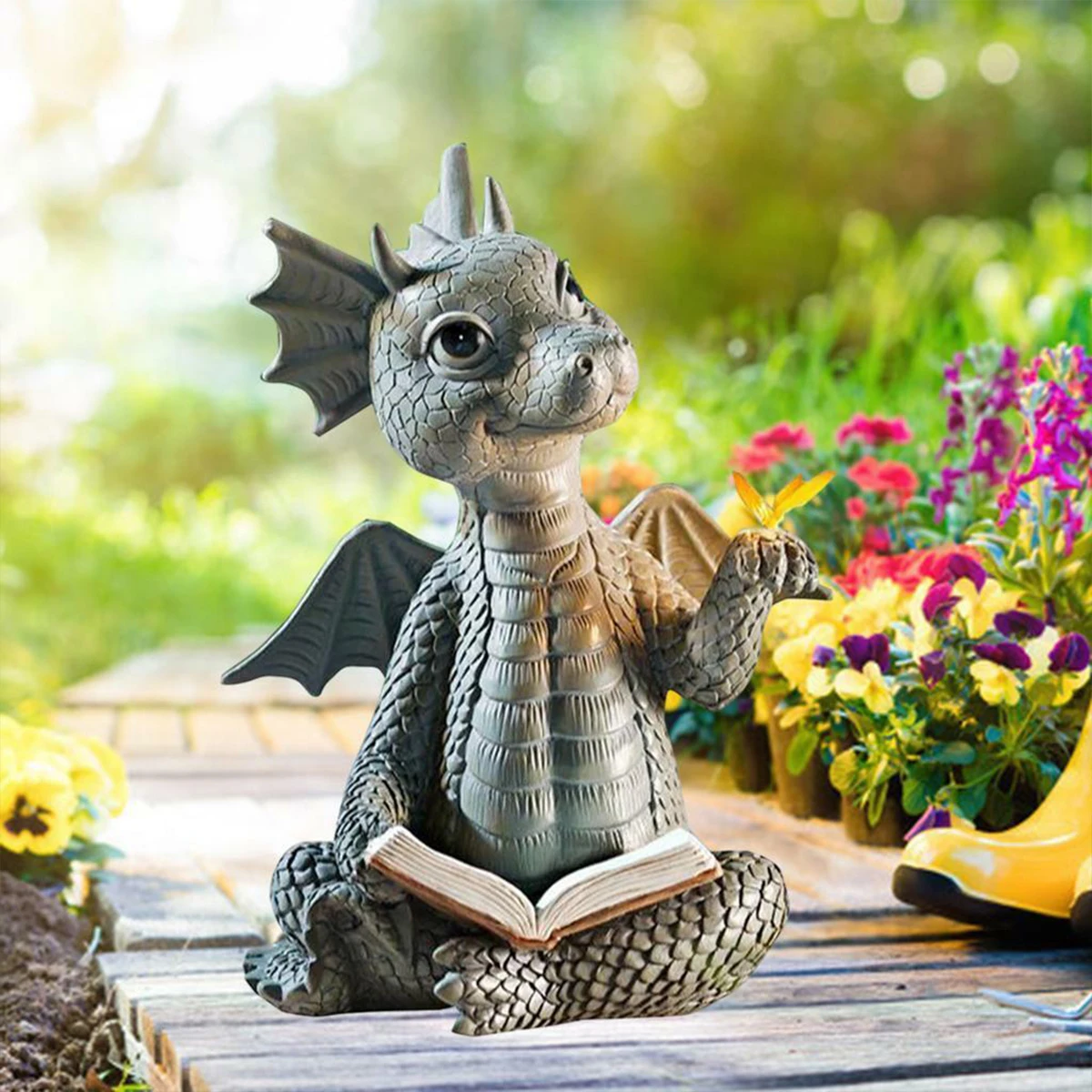 Dragon Dinosaur Meditation Reading Book Sculpture Figure Garden Home Decoration Resin Ornament Outdoor Garden Crafts Decoration