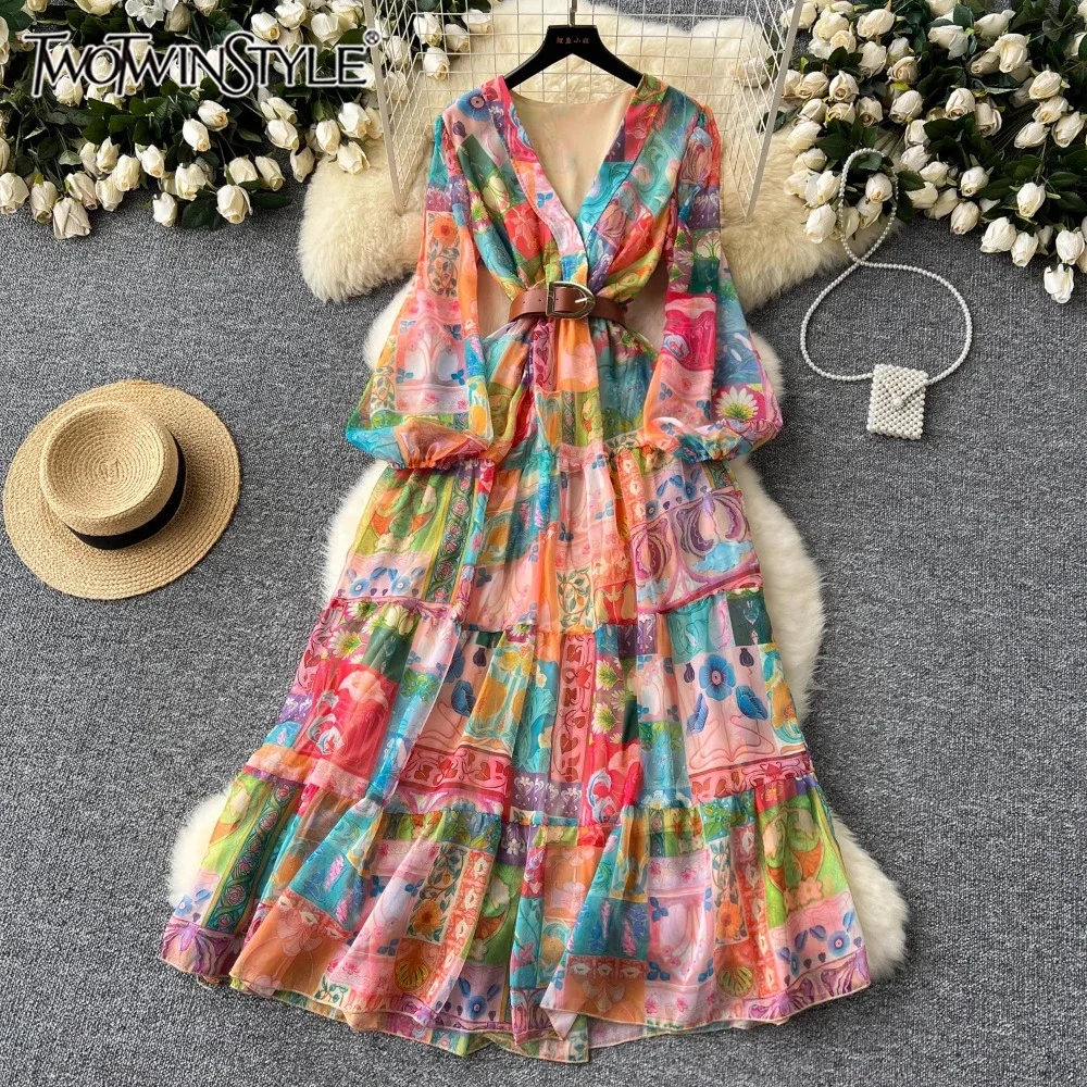 

TWOTWINSTYLE Hit Color Floral Printted Dress For Woemn V Neck Long Sleeve Spliced Sashes Loose Casual Dresses Female KDR521982