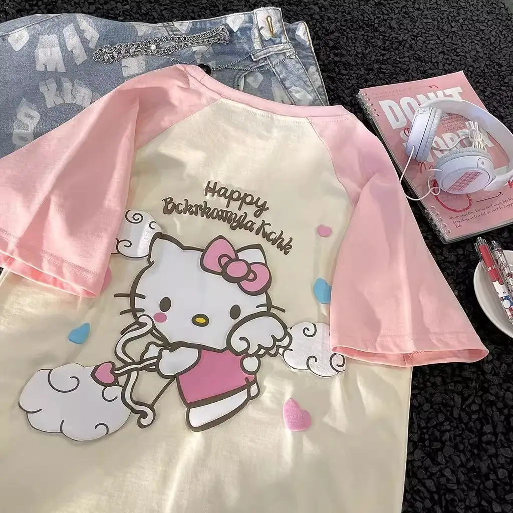 Hello Kitty Sanrio t-shirt grigia Kawaii Cartoon Print Cotton Top o-collo camicie oversize Streetwear Splicing Top abbigliamento donna