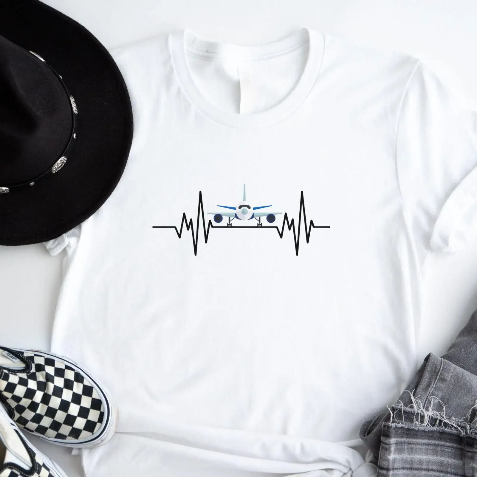 Airplane Heartbeat T Shirt Casual  for Pilot Aviation Lover Stewardess Flight Crew Travel Enthusiast  vintage Washed