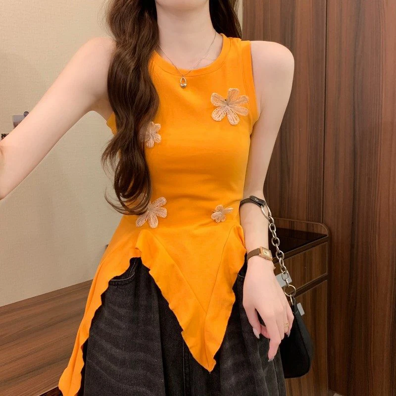 

Оранжевая женская майка без рукавов 2026 года, летняя новинка, с эффектом утяжки талии, с цветочным узором, приталенная, универсальная женская одежда