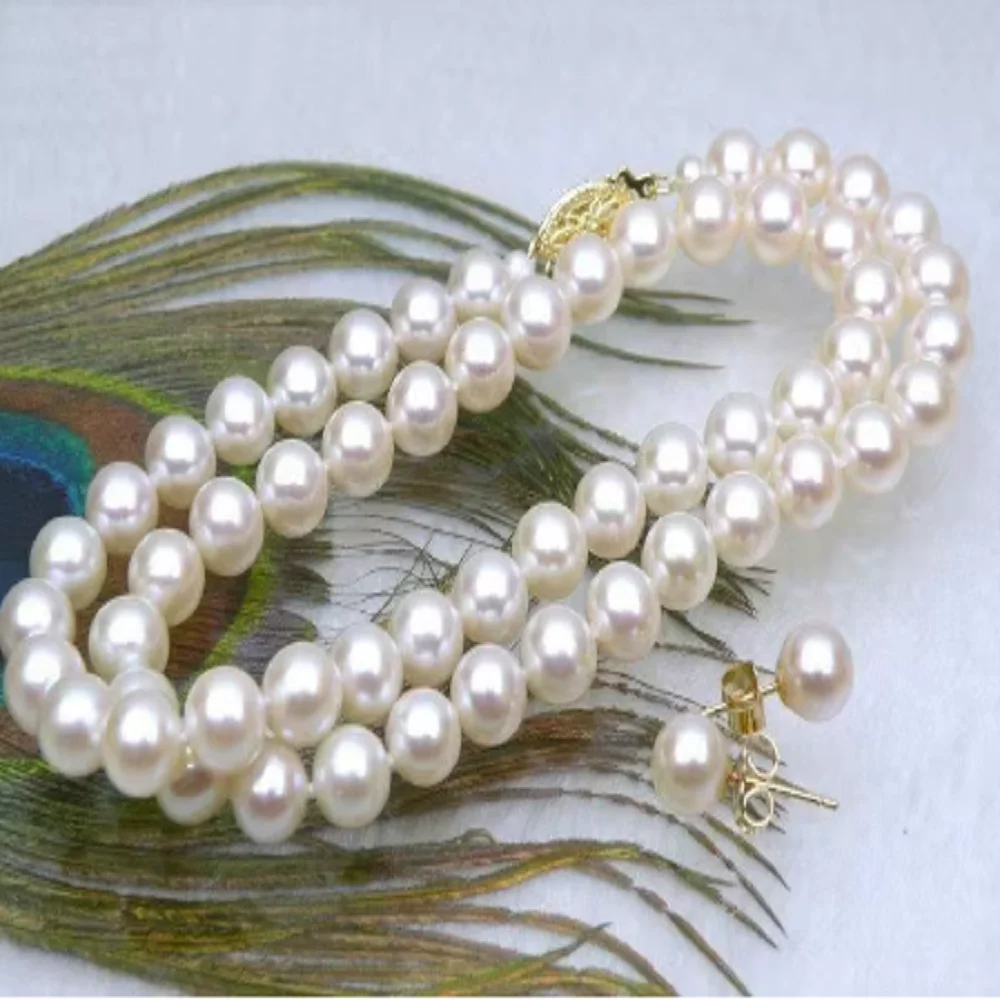 

Beautiful AAAAA+8-9mm 9-10mm 10-11mmNatural South Sea Round Pearl Necklace 18inch+Earrings 14k Gold