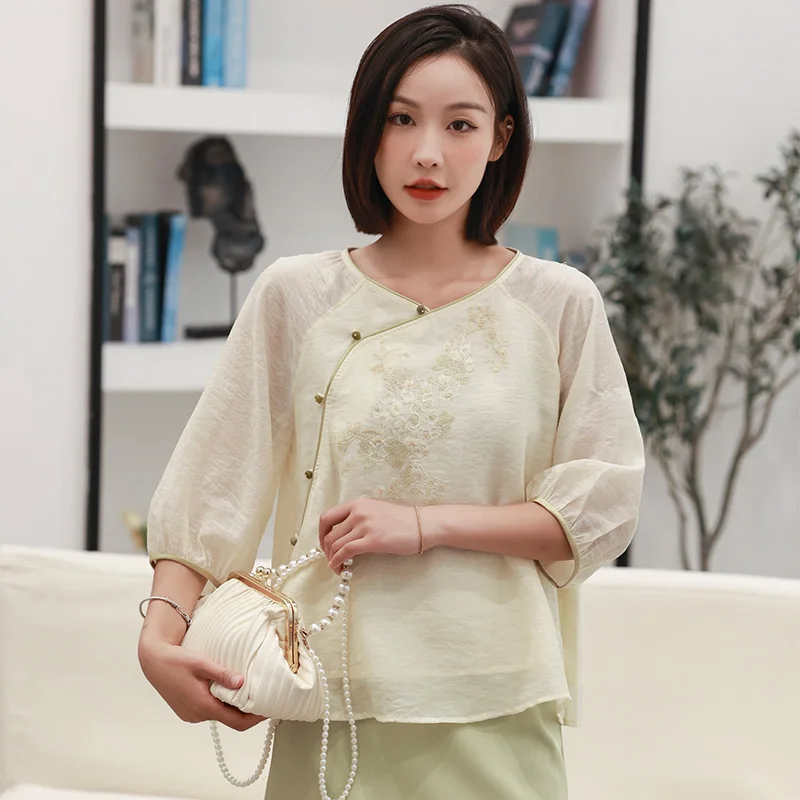 Fashion Chinese Style Women's Clothing Tops Embroidered Three-Quarter Sleeves Crossover Crewneck Fairy Cardigans Women's Blouse