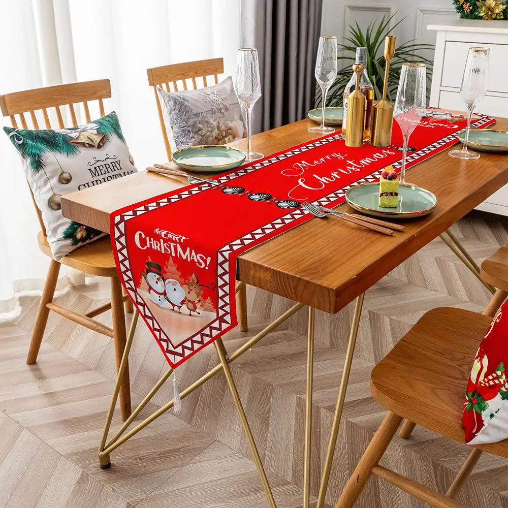 Creative Christmas Table Runner Elegant Santa Claus Snowman Pattern Decorative Tablecloth Dustproof Dining Table Cover