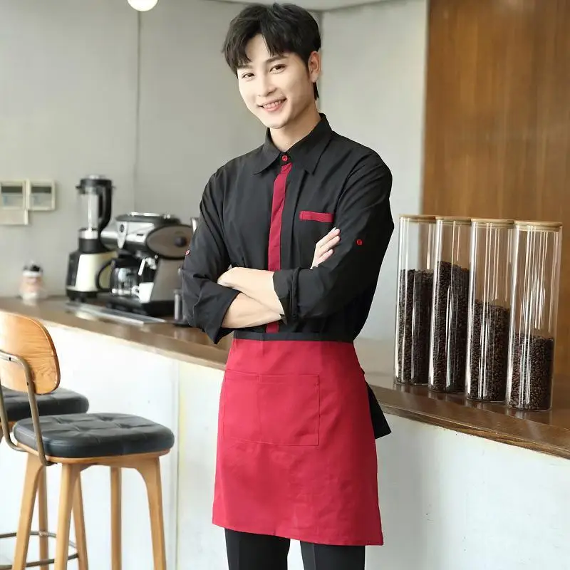 

Men Women Waiters Long Sleeved Working Clothes Top Apron Set Restaurant Catering Staff Spring Fashion Breathable Uniform