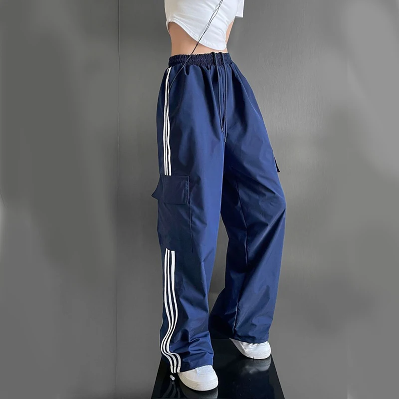 Gidyq Streetwear Women Stripe Cargo Pants American Style Fashion Patchwork Loose Sweatpants Y2K Female Hip Hop Wide Legs Pants