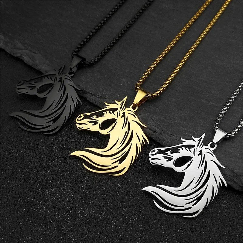 Fashion Black Horsehead Pendant Necklace for Women Men Stainless Steel Animal Hollow Out Hip Hop Necklaces Friendship Jewelry