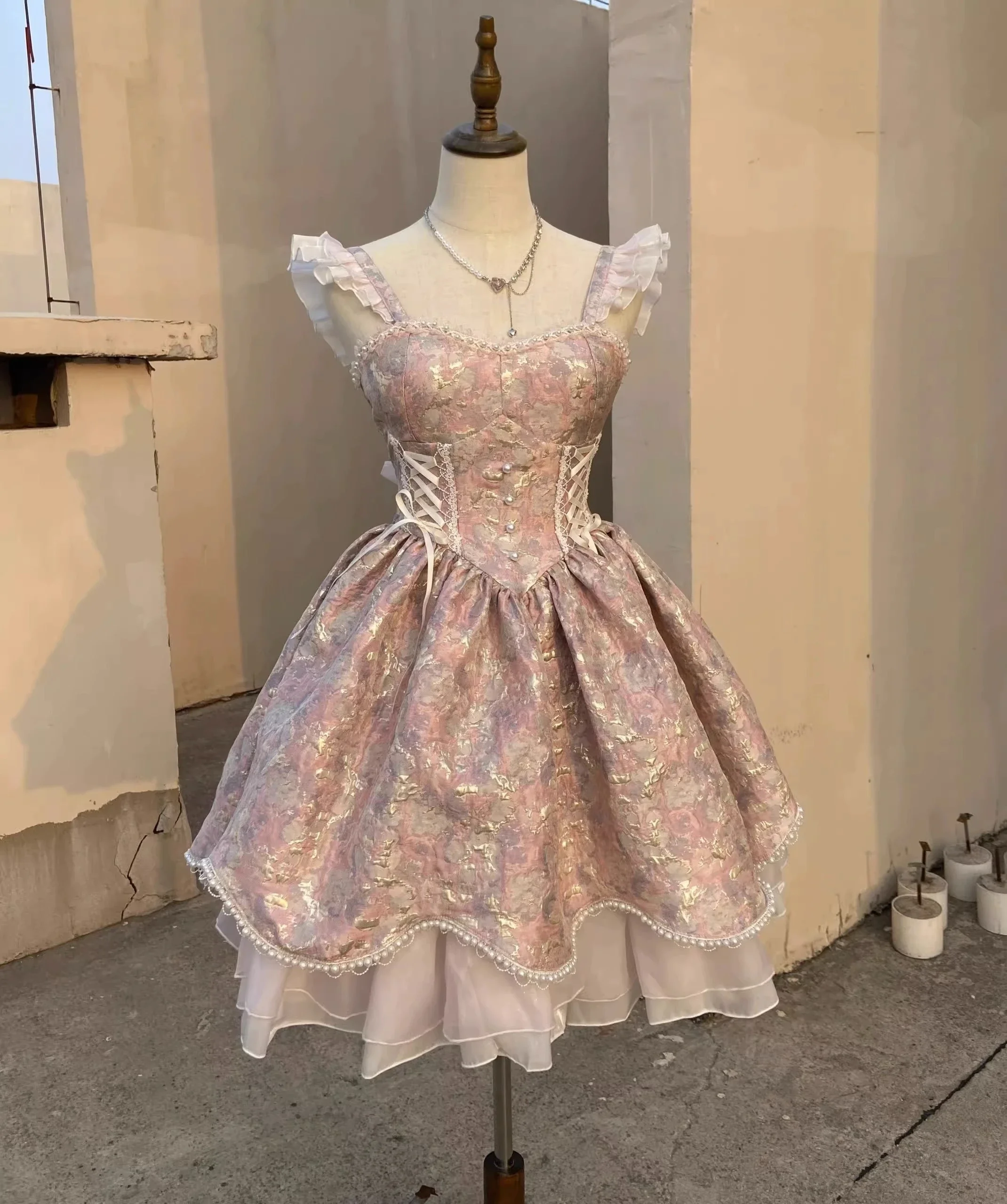 Pink Purple Flying Sleeve High Waist Jacquard Lolita Dress for Women 2023 Summer New Cute Sweet Umbrella Princess Dress Female