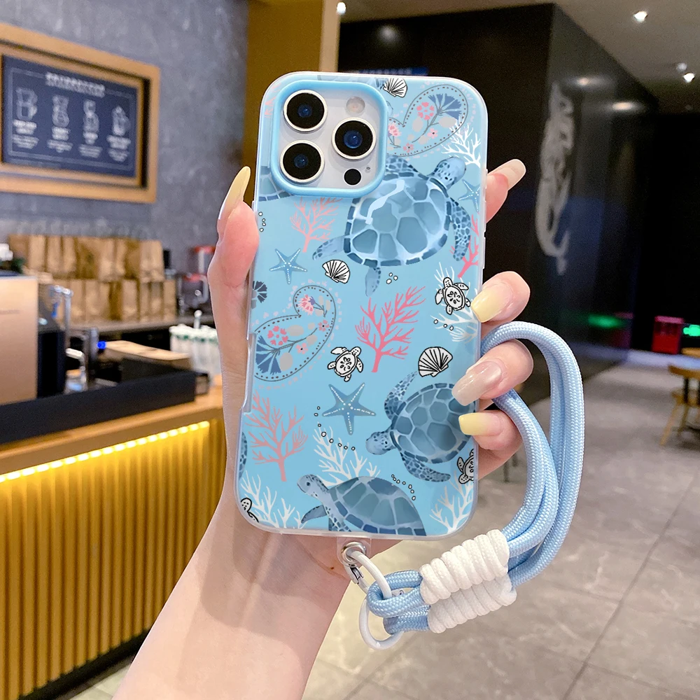 Stylish Turtle Wrist Strap 2 in 1 Phone Case For iPhone 17 11 13 12 14 15 16 Pro Max XS XR X 7 8 Plus 17 Air With Lanyard Cover