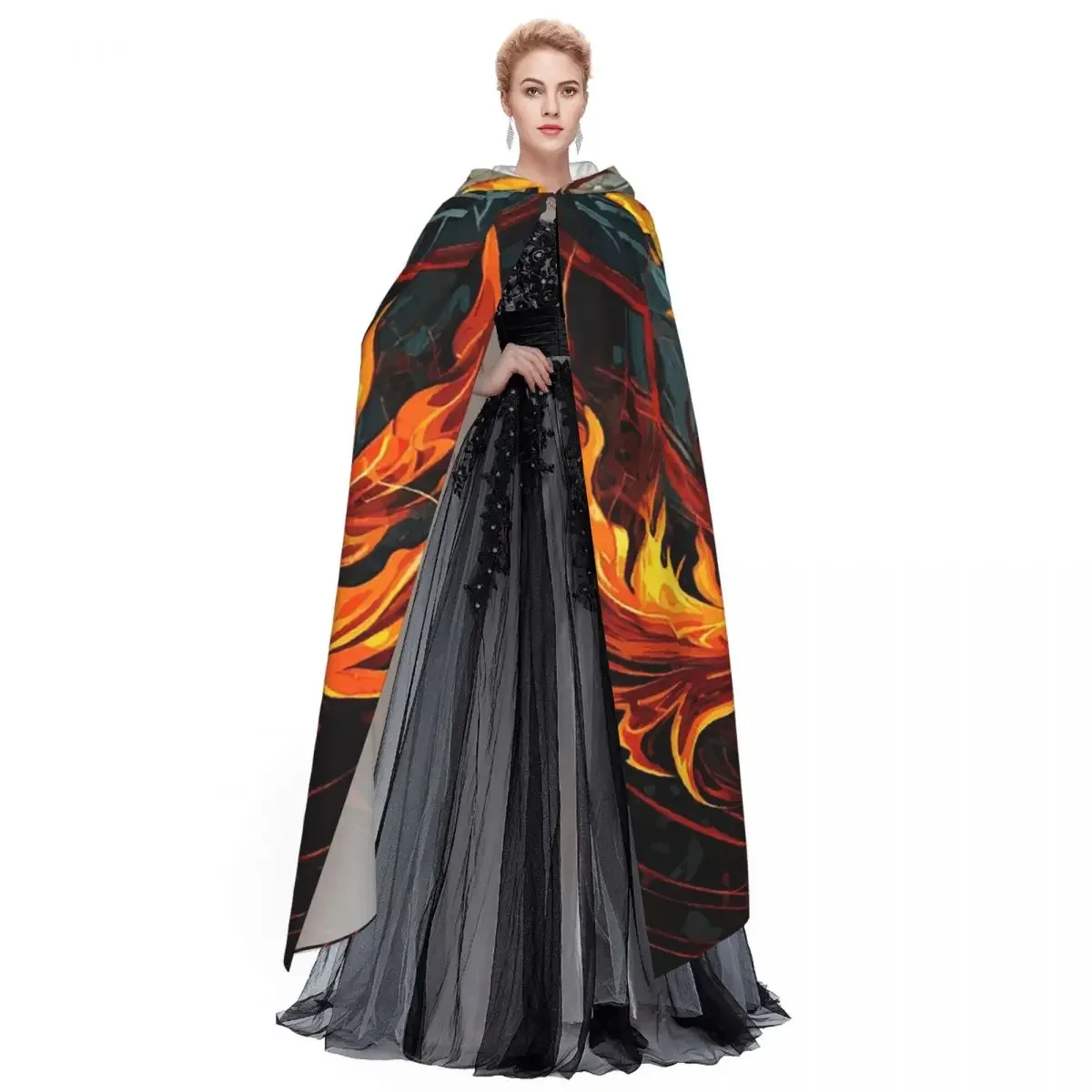 Custom Symphony Abstract Fire Flame Art Long Hooded Cloak Witch Medieval Costume Cosplay Cape HalloweenParty Adult Unisex