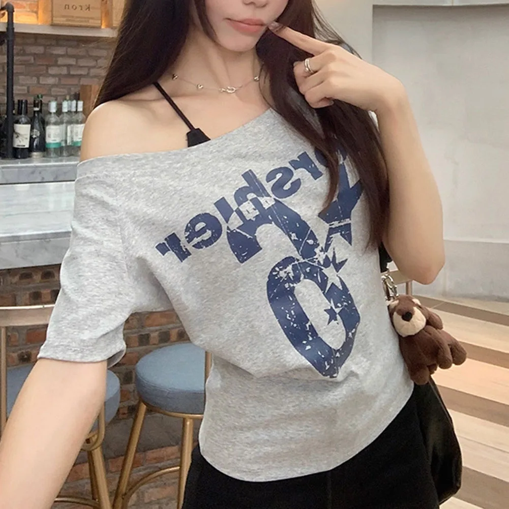 Women Retro Letter Print V Neck Off Shoulder T Shirt Summer Beach Vacation Yoga Casual Top Polyester Regular Length Tee