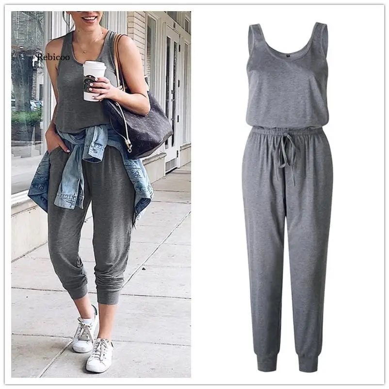 New Arrival Sexy Off Shoulder Sleeveless Belts Jumpsuits Summer Women Solid Casual Pockets Long Rompers Slim Style Beach