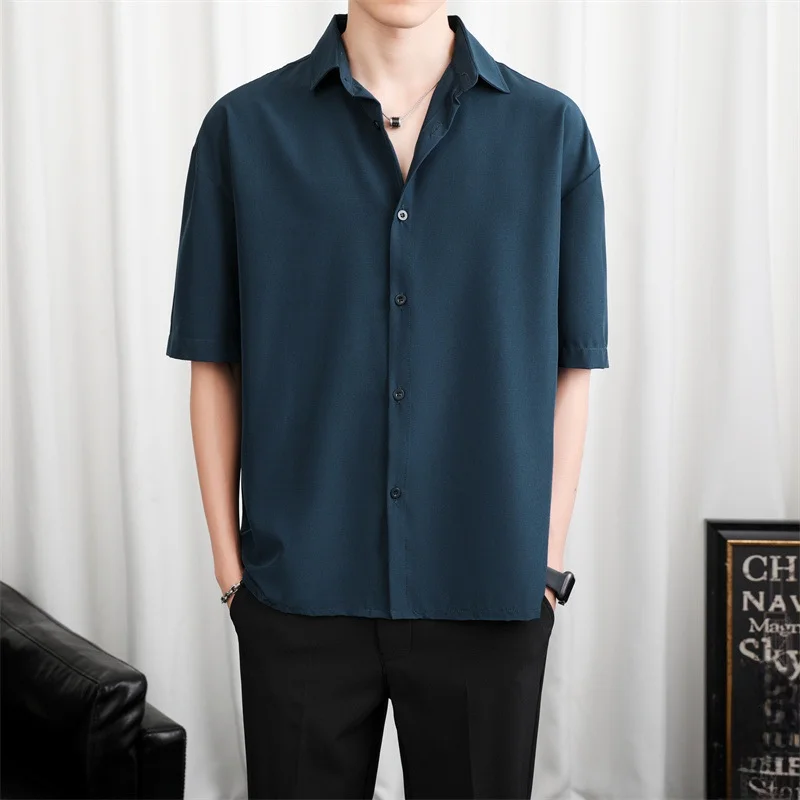 Men's Ice Silk Drooping Short-Sleeved Shirt CleanFit Waist PU Leather Thickened Fleece 3D Effect  Collar Inner Wear for Y...