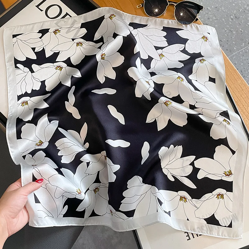 

2025 New Fashion Decoration Scarves Spring Summer Square Printing Scarf for Women Soft Satin Travel Bandana Hair Bands
