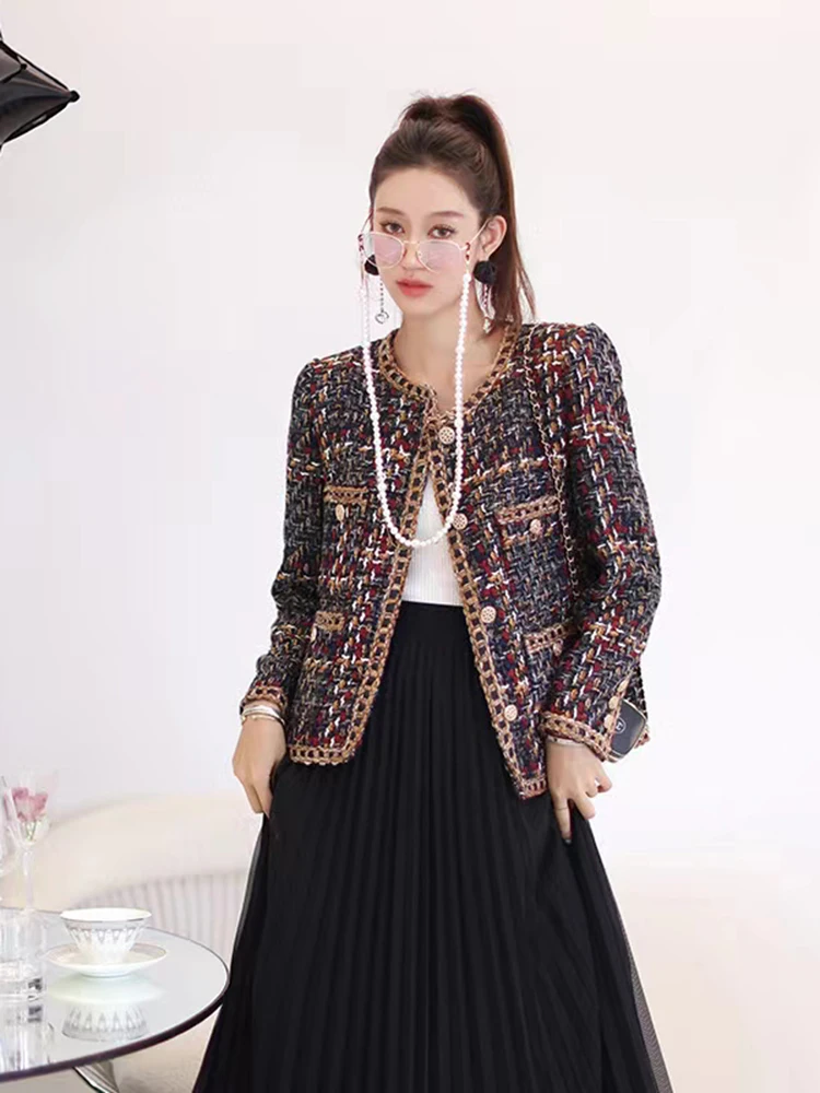 Coffee colored heavy woven tweed small fragrance jacket for women's autumn 2022 new French style loose fitting short top