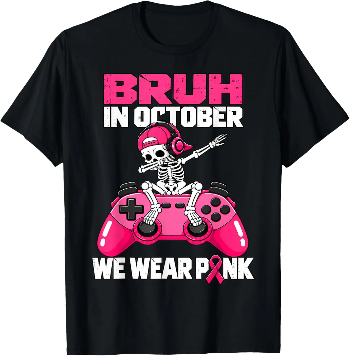 Bruh In October We Wear Pink Skeleton Boy Kids Breast Cancer T-Shirt Breathable, heavyweight pure cotton short-sleeve top—stylish, plus-size, and suitable for year-round wear with a sporty, casual vibe