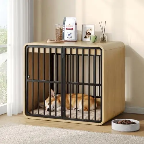 28 Inch Dog Crate Furniture, Wooden Dog Kennel End Table with Rounded Corners for Small Dogs, Indoor Furniture Style