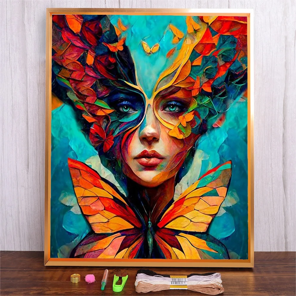 

Cartoon Butterfly Women Cross Stitch Patterns Printed Fabric Package Canvas Embroidery Kits 11CT 14CT DIY Crafts Paintings