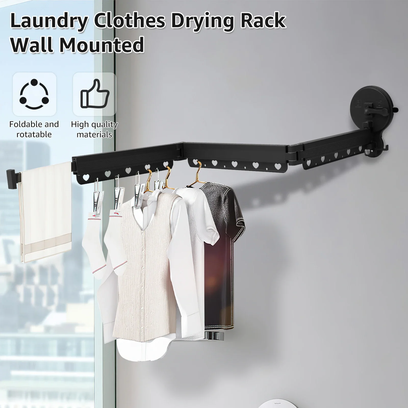 Wall Mounted Clothes Drying Rack with Double Suction Cup 3-Fold Retractable No Drilling Wall Drying Rack with Towel Holder