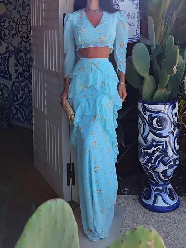 

Women Casual Long Sleeve Long Skirts Outfit Elegant Flower Print Slim Vacation 2Pc Set Sexy V-Neck Crop Top & Ruffle Skirt Suits