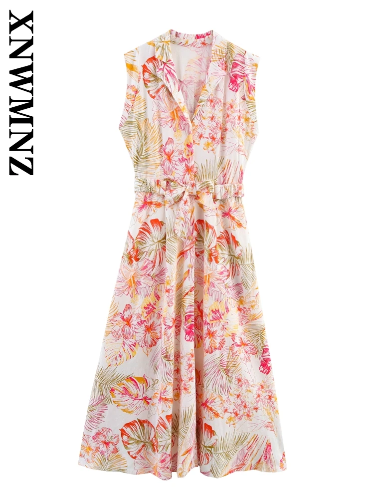 

XNWMNZ 2025 Summer Lady Fashion Holiday Sleeveless Notched Collar Print Linen midi Dresses Chic boho Woman Button Floral Dress