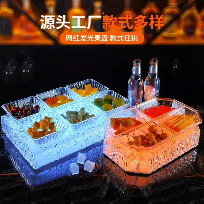 LED Illuminated Snack Platter Stand - Shatterproof PC Ice Textured Fruit Tray & 4-Compartment Dish for Bar & KTV