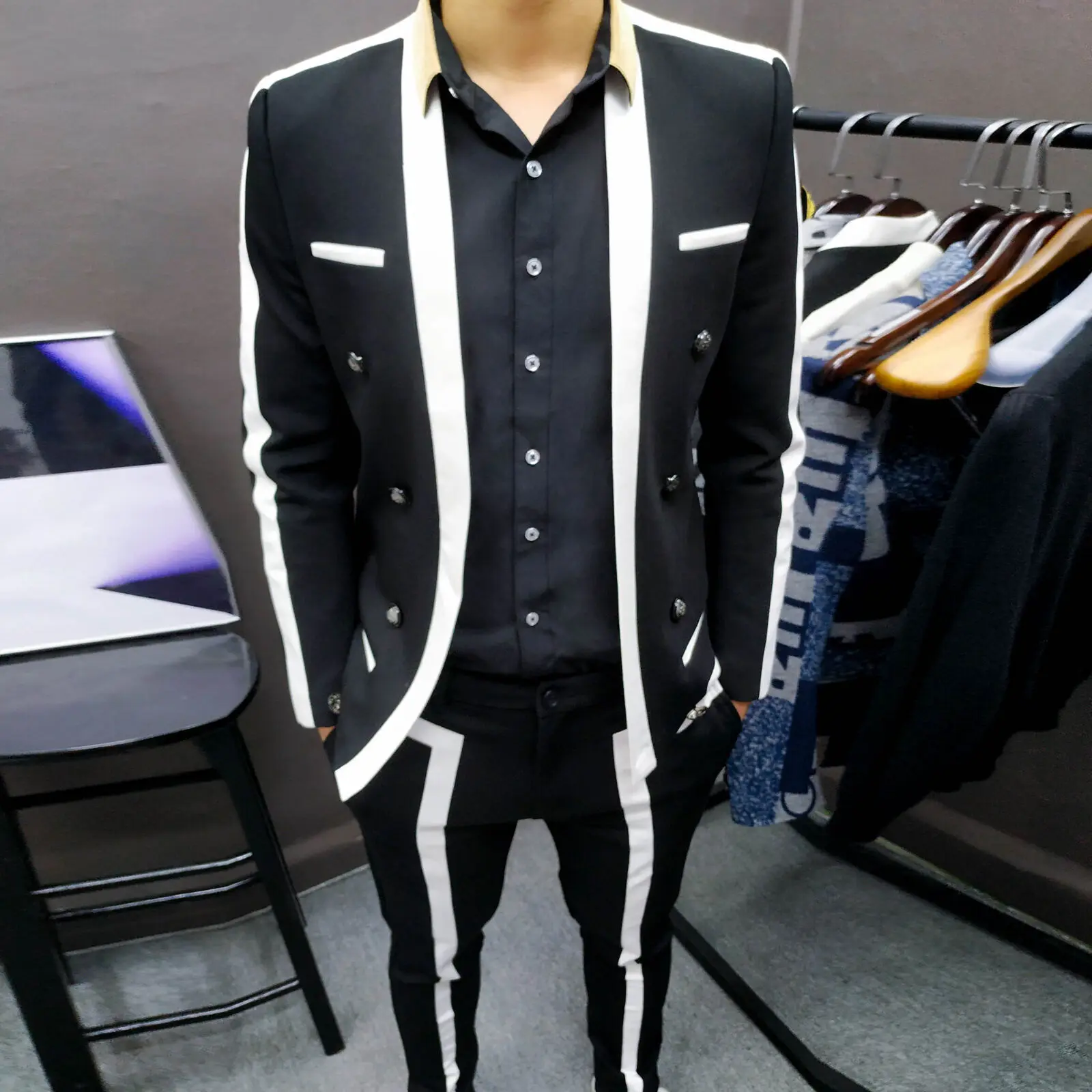 Trajes De Hombre Contrast Stripe Blalck White Suit Male Wedding Groom Suit Spring Disguised Men Slim Stage Outfit Men Party Suit