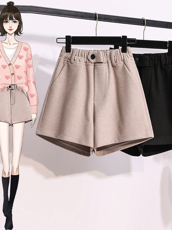 Autumn Winter Woolen Short Pants Women's High Waist Elastic Waist Slimming Base Layer Bootcut Pants Casual Style Pure Color