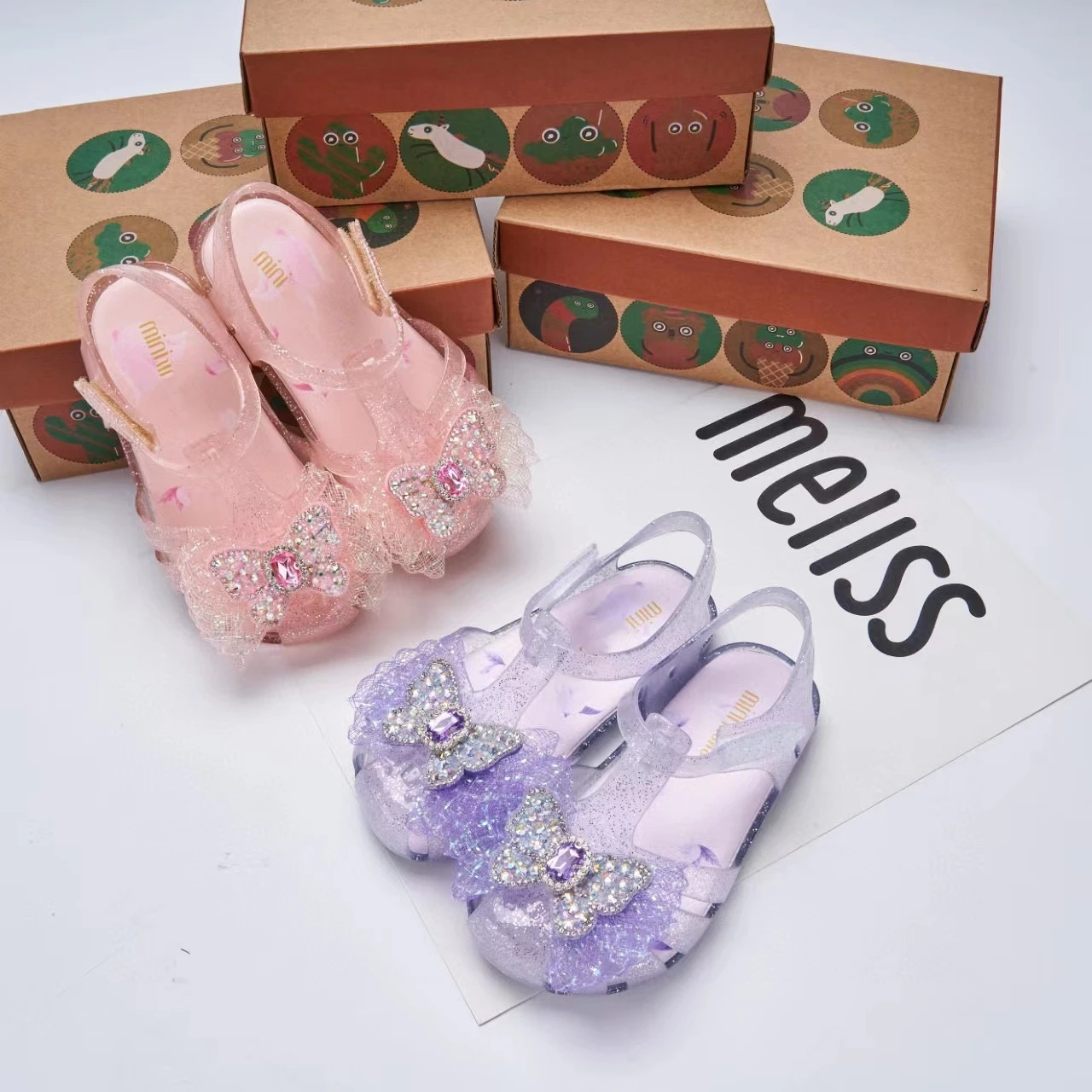 Brazil New Baby Kids Bow Jelly Shoes Baotou Butterfly Fairy Girl Sandals Princess Sparkling Diamond Roman Beach Shoes