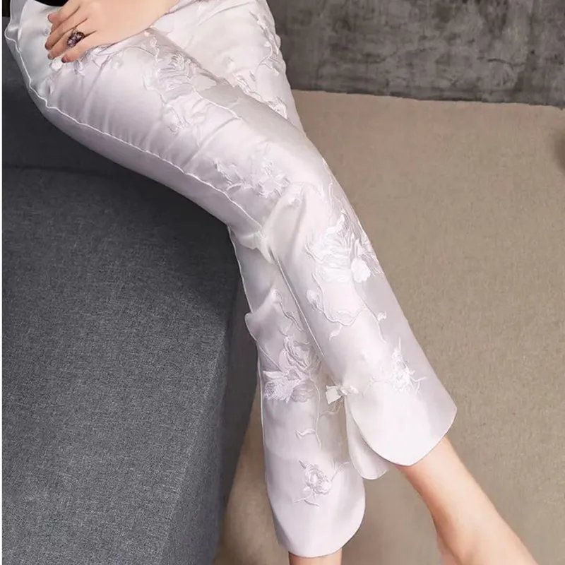 

Брюки Bla с вышивкой, повседневные, для женщин, весна-лето-осень, белые, утягивающие, свободного кроя, в стиле Харлан, с высокой талией, эластичные