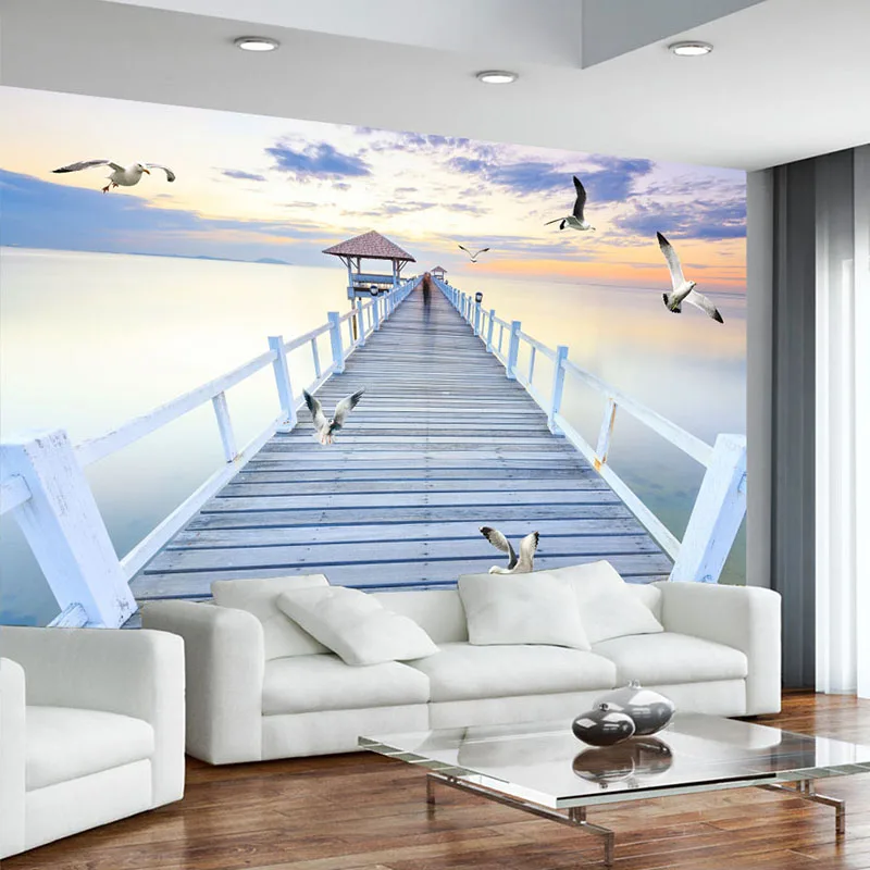 Customized products Mural Wallpaper Modern Sunset Wood Bridge Sea View Living room TV sofa background Bedroom Space 3D seagull