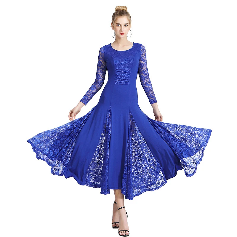 New Long Lace Sleeve Modern Waltz Competition Dress | Ballroom Dance Gown for Women 5 Colors Plus Size 3XL High Quality